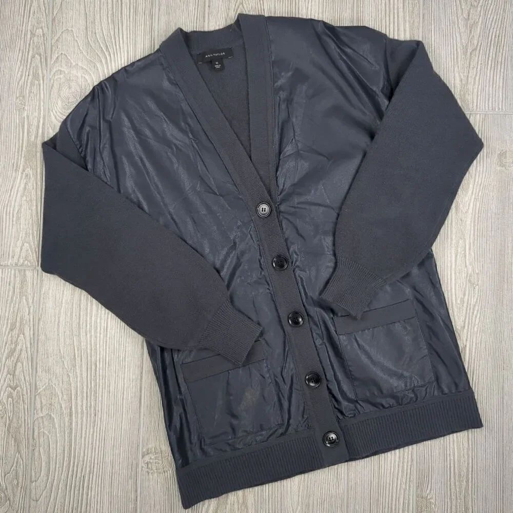 Ann Taylor Faux Leather Cardigan Sweater Womens XS Pockets Neutral Blue
